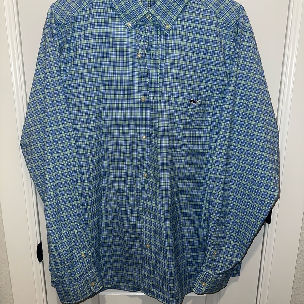 Vineyard Vines Performance Green and Blue Checkered Shirt